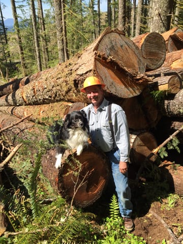 A man in a hard hat and a dog pose by large stacked logs in a sunny Oregon forests clearing.