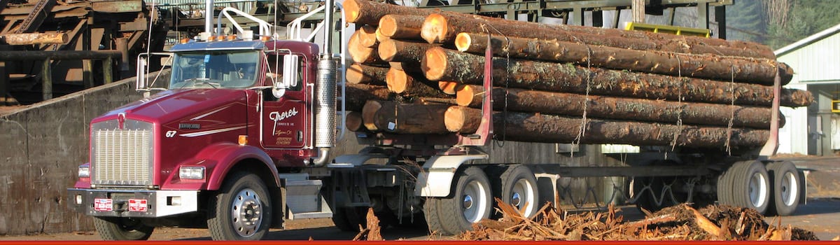 A red logging truck loaded with large timber logs is parked at a lumber yard.