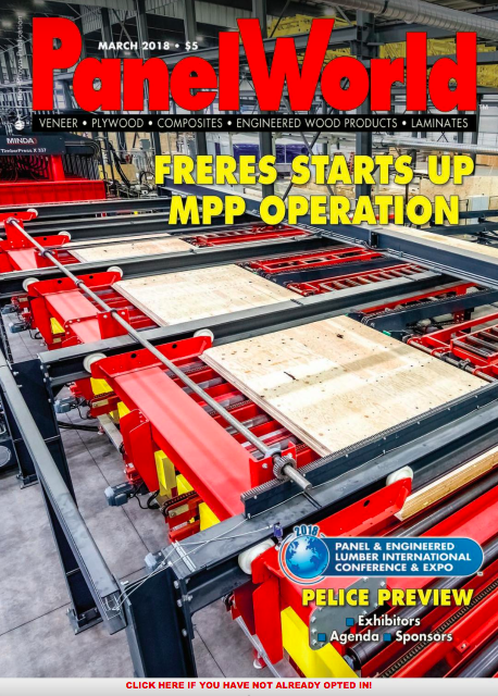 Panel World magazine cover featuring red machinery and wood panels, with the headline "FRERES STARTS UP MASS PLY PANEL OPERATION.
