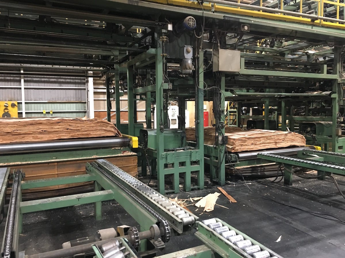 Stacks of thin wood sheets on conveyor belts move efficiently through a large industrial woodworking factory.