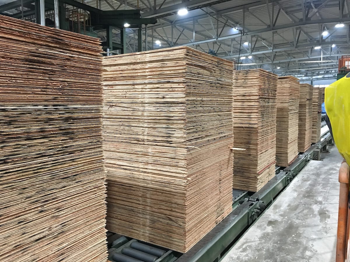 Large stacks of plywood sheets are arranged in a factory with bright lighting and industrial equipment.