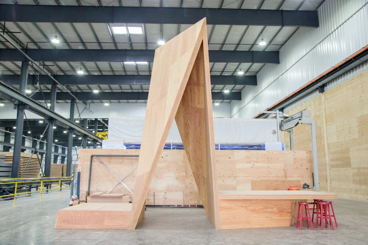 Folded mass ply panel inside the Freres Engineered Wood. manufacturing facility.