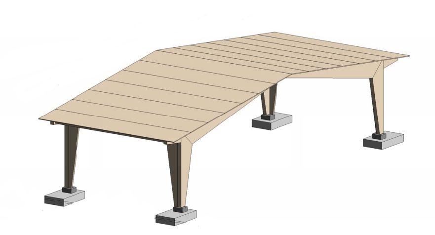 3D rendering of a beige, slanted carport with four metal posts on concrete bases, seamlessly connecting to a Mass Ply Breezeway.